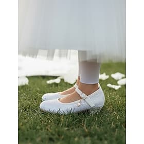 Kid's Glitter Mary Jane Flower Girl Shoes with Low Heel, Sparkly Upper and Secure Buckle Strap, Elegant Princess Style Dress Shoes for Girls, Perfect Wedding F