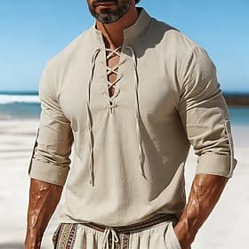 Men's Shirt Viking Style Summer Shirt Beach Wear Pirate Shirt Solid Color Casual Vacation White Navy Blue Sky Blue Green Long Sleeve Stand Collar Summer Spring