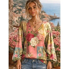 Femmes Chemise Patchwork Boutons Imprimé Fleuri Graphique Élégant Bohème ancien manche longue Col en V Hauts Réguliers Quotidien Fête Rose Claire Rouge et rose
