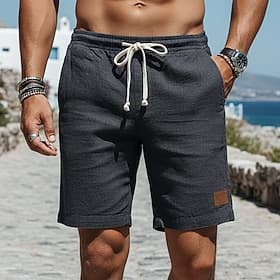 Men's Shorts Linen Shorts Summer Shorts Beach Shorts Drawstring Elastic Waist Solid Comfort Breathable Knee Length Casual Daily Outdoor Vacation Fashion Blue B