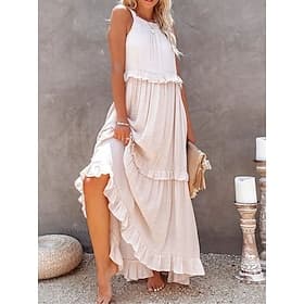 Women's Maxi Dress White Dress Elegant Fashion Modern Outdoor Vacation Holiday Loose Fit Plain Sleeveless Halter Neck Black White Light Green Green Summer Spri
