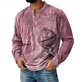 Men's Graphic Vintage Henley Shirt Long Sleeve Fashion Cute Daily Casual Holiday Spring   Fall All Seasons Pink Dark Blue Green Khaki Henley Henley T-Shirt