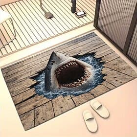 Doormat 3D Optical Illusion 2D Flat Print Fierce Shark Breaking Through Wooden Floor Ocean Theme Entryway Rug