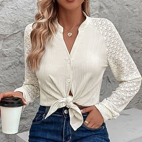 Women's Casual Shirt Button Up Shirt Blouse Tie Front Lace Buttons Solid Color Daily Stylish Casual Long Sleeve V Neck Stand Collar Regular Tops Holiday Beach