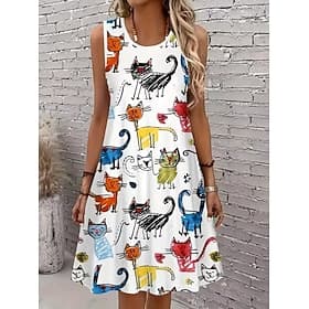 Women's Knee Length Dress Sundress A Line Dress Off The Shoulder Dress Vacation Casual Beach Holiday Regular Fit Graphic Cat Sleeveless Crew Neck Summer Spring