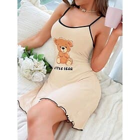 Women's Nightgown Casual Comfort Graphic Bear Daily Home Sleeveless Straps Blue Black Pink Beige Summer Spring Regular Fit
