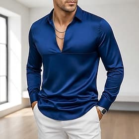 Men's Shirt Satin Shirt Dress Shirt Casual Shirt Button Up Shirt Prom Shirt Plain Party Wedding Black Navy Blue Long Sleeve V Neck Spring All Seasons Clothing