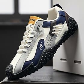 Men's White and Blue Sport Sneakers, Breathable Mesh Panels, Cushioned Grip Sole, Casual Athletic Style for Walking  Travel