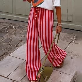 Women's Trousers Summer Pants Baggy Pants Beach Pants Vacation Fashion Basic Full Length Mid Waist Striped Drawstring Wide Leg Stripe Comfort Soft Comfortable