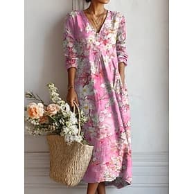 Women's Midi Dress Linen Like Sundress Shift Dress Casual Party Holiday Loose Fit Floral Graphic Long Sleeve V Neck Black Pink Green Summer Spring