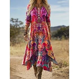 Women's Midi Dress Boho Shift Dress Vacation Casual  Daily Holiday Loose Fit Graphic Geometric Paisley Long Sleeve Crew Neck Light Yellow Light Green Fuchsia B