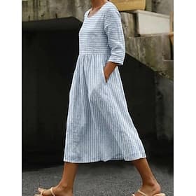 Dames Halflange jurk Casual jurk A lijn jurk Elegant Stijlvol Casual Dagelijks Vakantie Ruim Passend Streep Korte mouw Strakke ronde hals Grijs Licht Blauw Zom thumbnail 2