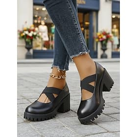 Women's Black Chunky Heel Platform Shoes with Cross Strap – Comfortable and Trendy Work Shoes for Office, Commuting and Daily Wear