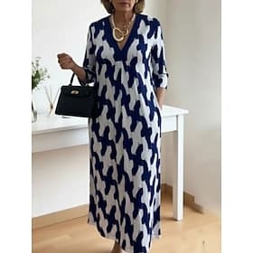 Femmes Robe Longueur Genou Robe trapèze Vacances Occasionnel Coupe Ample Graphique Abstrait Manche 3/4 Col en V Bleu Noir Rouge Vert Été Printemps Automne