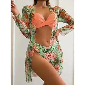 Women's Swimwear Bikini Three Piece Cheeky Swimsuit Slim Backless Vacation Beach Wear Floral Leaves Halter Neck Sleeveless Bathing Suits