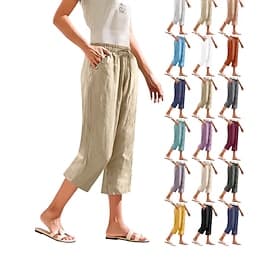 Femmes Pantalon capri Faux coton lin Chinos Shorts d'été Vacances Basique Occasionnel Longueur mollet Taille moyenne Uni Cordon de serrage Avec Poches Confort