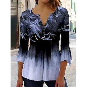 T-shirt de Pâques pour femmes floral ombragé graphique élégant vintage élégant manches 3/4 col en V réguliers pour sortir quotidiennement boutons bleu rose rou