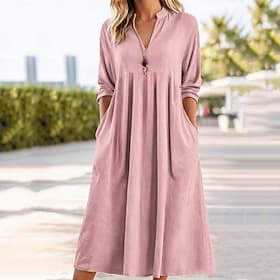Women's Midi Dress Linen-feel Dresses Shift Dress Casual Dress Elegant Vintage Fashion Daily Vacation Going out Loose Fit Plain Long Sleeve V Neck Blue White K