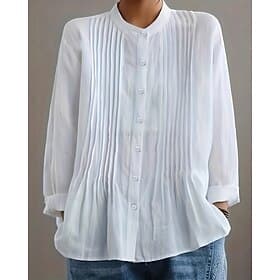 Women's Blouse Faux Cotton Linen Ruched Buttons Plain Casual Long Sleeve Crew Neck Regular Tops Daily Holiday Going out White Navy Blue Summer Spring
