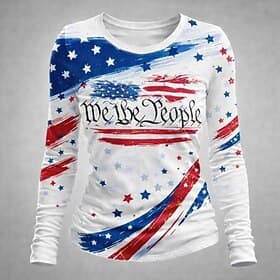 Independence Day American Anniversary Patriotic Women's T Shirt Graphic Flag Stylish Classic Casual Long Sleeve Crew Neck Round Neck Daily Print White-Blue Whi