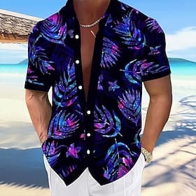 Herren Blatt Tropische Pflanzen Neonleuchten Sommer Hawaiihemd Knopfhemd Alohahemd Kurzarm Hawaiianisch Urlaub Strandbekleidung Sommer Frühling Umlegekragen 3D