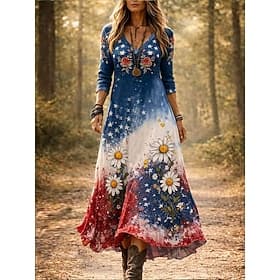Independence Day Patriotic Women's Midi Dress Sheath Dress Casual Date Regular Fit Floral Graphic Flag Long Sleeve V Neck Blue Spring Fall Winter