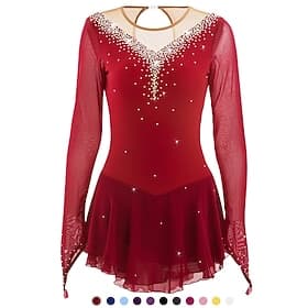 Figure Skating Dress Women's Girls' Ice Skating Dress Light Blue Black White Patchwork Mesh High Elasticity Competition Skating Wear Jeweled Rhinestone Long Sl