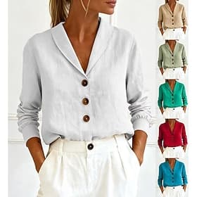 Women's Linen Like Faux Cotton Linen Blouse Buttons Solid Color Stylish Casual Long Sleeve Shirt Collar Regular Tops Daily Blue Sage Green White Red Green Spri