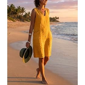 Women's Midi Dress Shift Dress Sundress Cotton Linen Dresses Casual Dress Basic Casual Daily Vacation Going out Regular Fit Pure Color Sleeveless Split Neck Bl thumbnail 3