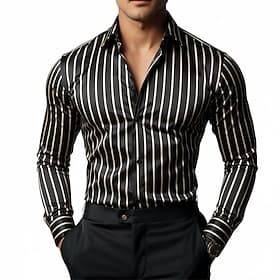 Men's Shirt Satin Shirt Striped Shirt Casual Shirt Button Up Shirt Striped Daily Vacation Black Wine Navy Blue Green Long Sleeve Collar Spring Fall Clothing