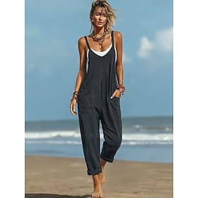 Femmes Normal Combinaison Actif Couleur Unie Sans manches Col en V Avec Poches Quotidien Plage Coupe Ample Noir Vin Violet Été
