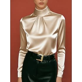 Women's Shirt Satin Shirt Blouse Long Sleeve Tops Ruched Solid Color Stylish Basic Classic Long Sleeve High Neck Regular Tops Daily Holiday Going out Black Whi