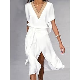 Women's Midi Dress A Line Dress Summer Dress Casual Daily Regular Fit Plain Short Sleeve V Neck White Summer