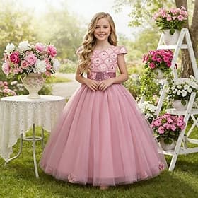 Flower Girl Dress Girls' Formal Dress Wedding Attire Party Wedding Formal Fashion Adorable Princess Patchwork Mesh Solid Color Sleeveless Crew Neck Blue Pink 4