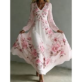 Women's Midi Dress Pleated Dress Party Casual Boho Date Loose Fit Floral Graphic Long Sleeve V Neck Pink Summer Spring