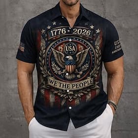 Men's 4th of July U.S. 250th Anniversary Eagle We The People Shirt Button Up Shirt Short Sleeve Patriotic Outdoor Holiday Summer Spring Turndown 3D Print Colla