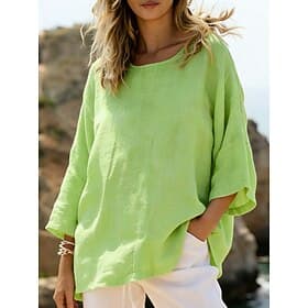 Women's Shirt Cotton Linen Shirts Blouse Plain Stylish Classic Modern Long Sleeve Crew Neck Regular Tops Daily Holiday Going out Blue Grass Green Black White P