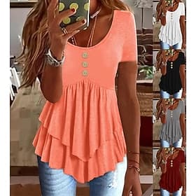 Women's Blouse Ruffle Buttons Solid Color Stylish Casual Short Sleeve Scoop Neck Regular Tops Daily Black White Pink Gray Spring Fall