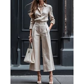 Women's Pants Sets Bolero Top Long Sleeve Shirt Collar Plain Ruched Fashion Streetwear Outdoor Office Vacation Black White Pink Summer Loose Fit