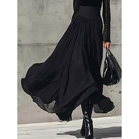 Women's Elegant Fashion Casual Maxi Mid Rise Skirts Plain Ruched Layered Micro-elastic Daily Street Black Summer