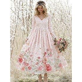 Dame Maxikjole Kjole med A-linje Fit And Flare Dress Bohem Stevnemøte Normal Blomstret Grafisk Langermet V-hals Rosa Sommer Vår