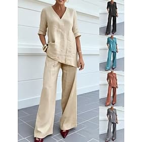 Women's Linen-feel Set Two Piece Sets Pants Sets Long Sleeve V Neck Solid Color Drawstring Fashion Streetwear Stylish Casual Daily Outdoor Blue Black Khaki Spr thumbnail 2