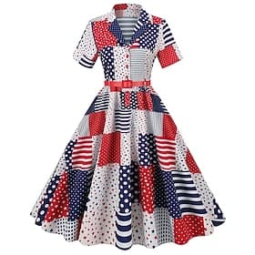 250th Anniversary USA 1950s Retro Vintage Midi Dress Swing Dress Flare Dress Short Sleeves USA Flag Fit  Flare Swing Fancy Dress Women's 4th of July Independen