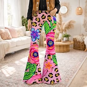 Rétro Vintage Boho Années 1970 Pantalon Pantalons à pattes d'éléphant Hippie Disco Taille haute Fleuri Léopard Déguisement Femmes Mascarade Festival de Musique