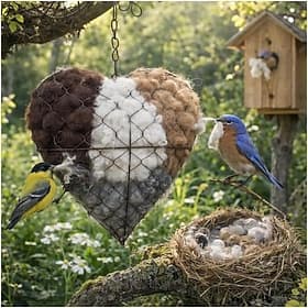 Handmade Bird Nesting Heart, PP Cotton Bird Nesting Material Holder, Refillable Birds Heart Shape Hummingbird Nesting, Winter Fowl Gifts for Animal Hummingbird