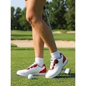 Women's White Red Golf Shoes – Lightweight Breathable Spiked Golf Sneakers for Women, Stable Cushioning for Golf Course, Training, Walking  Daily Wear