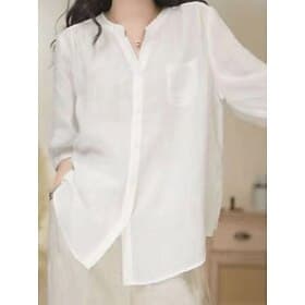 Women's Linen-feel Shirts Pocket Solid Color Daily Basic Casual Long Sleeve V Neck Regular Tops Daily Blue White Navy Blue Orange Green Summer Spring Fall
