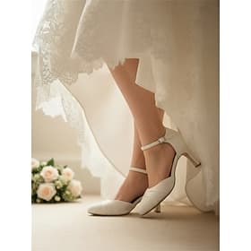 Women's White Lace Bridal Pumps with Ankle Strap - Sophisticated Mid Heel Wedding Shoes - Elegant Footwear for Modern City Brides