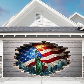 U.S. 250th Anniversary Garage Door Cover 3D Optical Illusion Print Statue of Liberty with America Flag Patriotic Decor for Semiquincentennial Celebration 4th o
