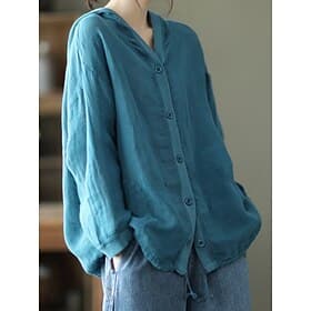 Women's Cotton Linen Shirts Buttons Solid Color Vintage Basic Casual Long Sleeve Hooded Regular Tops Daily Blue White Red Apricot Summer Spring Fall